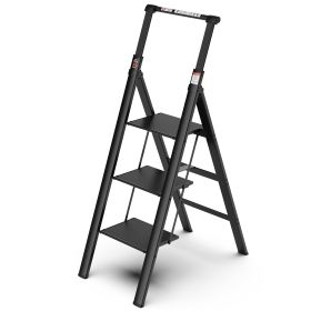 3 Step Ladder;  Retractable Handgrip Folding Step Stool with Anti-Slip Wide Pedal;  Aluminum Stool Ladders 3 Steps;  300lbs Safety Household Ladder