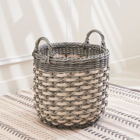 Zita Round Resin Woven Wicker Multi-Use Storage Basket with Handles - 18" x 18" x 19.6" - White-Gray - For Towel, Toys, Magazines Storage and Home Dec