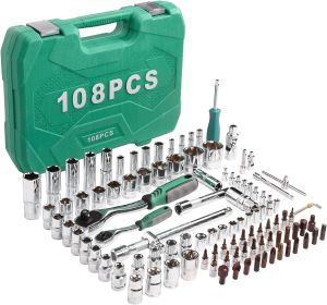 121pcs 1/2" 1/4" 3/8" Socket and Drive Tool Set Mechanics Tools Kit Ratchet Wrench Sockets Set Metric Drive Socket Set, 1/2" 1/4" 3/8" Drive Sizes wit (size: 108-pcs Silver)